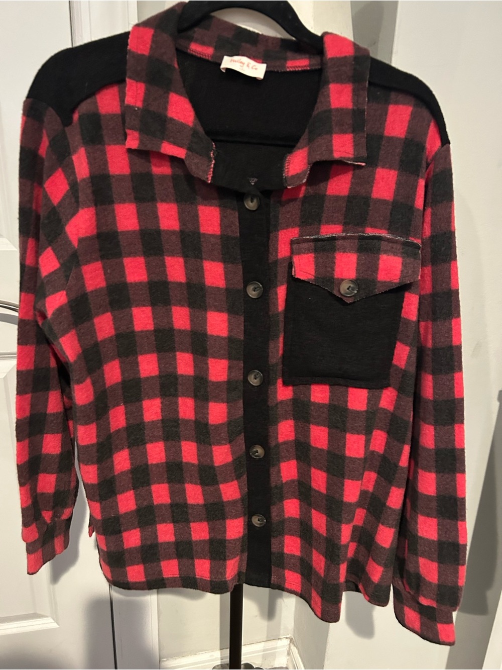 Women's Red & Black Plaid Long Sleeve Button-Front Shirt - Petite Joy